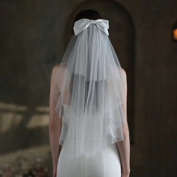 Wedding veil white bridal bride elegant large bow medium elbow length new main image 5